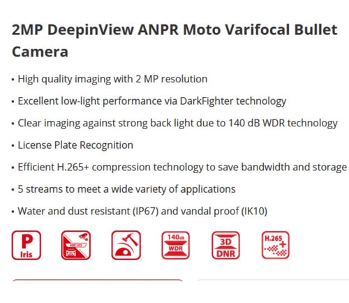 Hikvision (rebrand) iDS-2CD7A26G0/P-IZHS 8-32mm 2MP DeepinView ANPR Moto Varifocal Bullet Camera (Refurbished)
